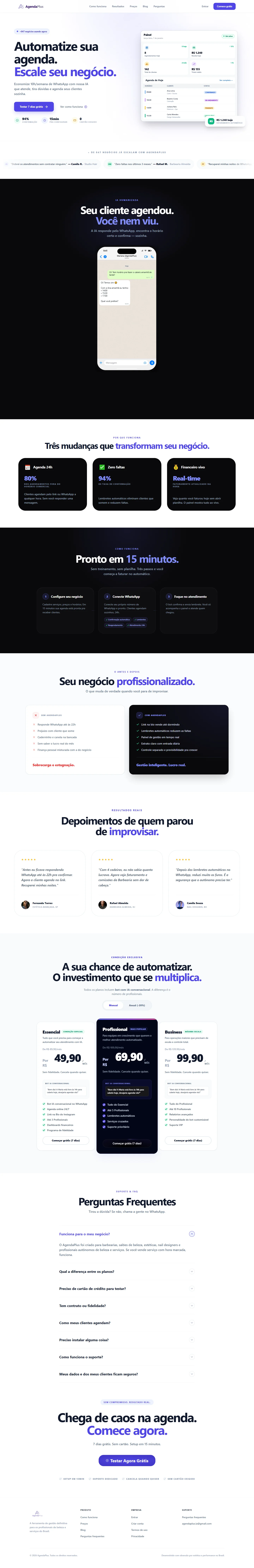 Página completa do AgendaPlus, da apresentação do produto à automação, planos e contato