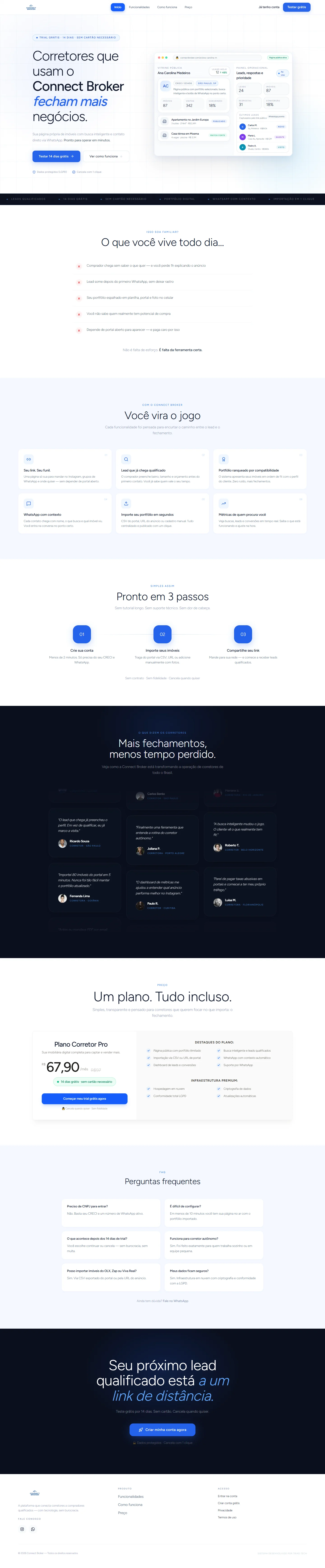 Página completa do Connect Broker, da apresentação do produto aos recursos, preço e contato