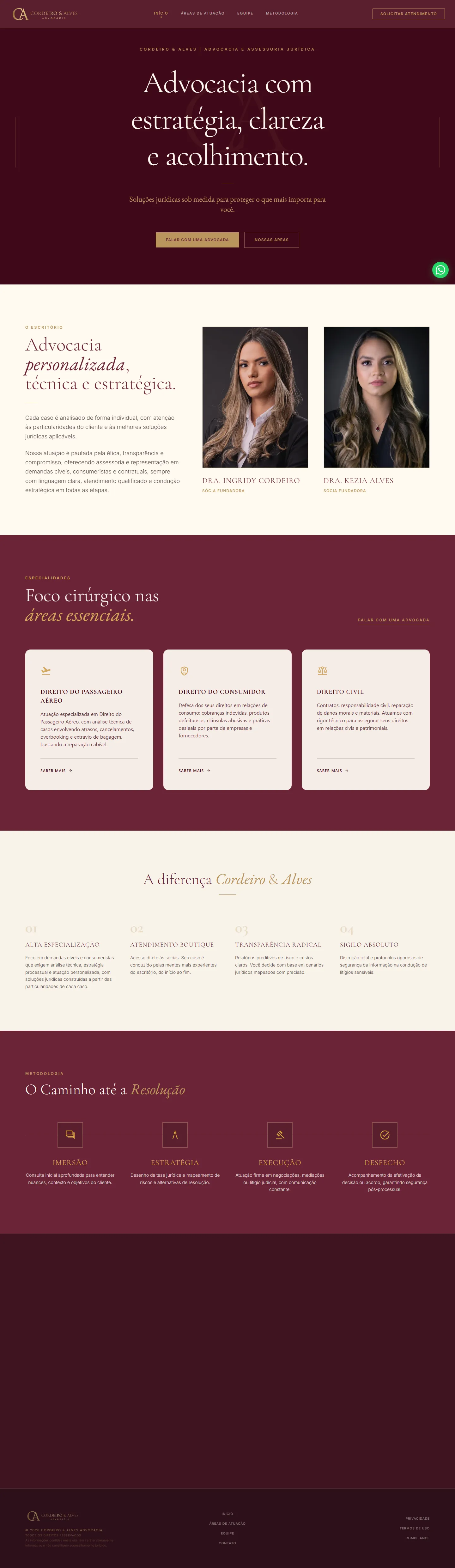 Página completa do site Cordeiro & Alves Advocacia, do posicionamento às áreas de atuação, metodologia e contato