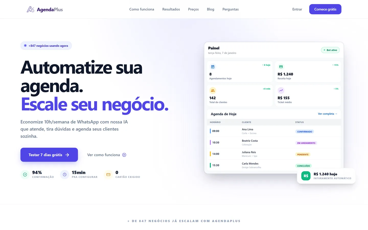 Tela do produto AgendaPlus: hero e painel de agendamentos