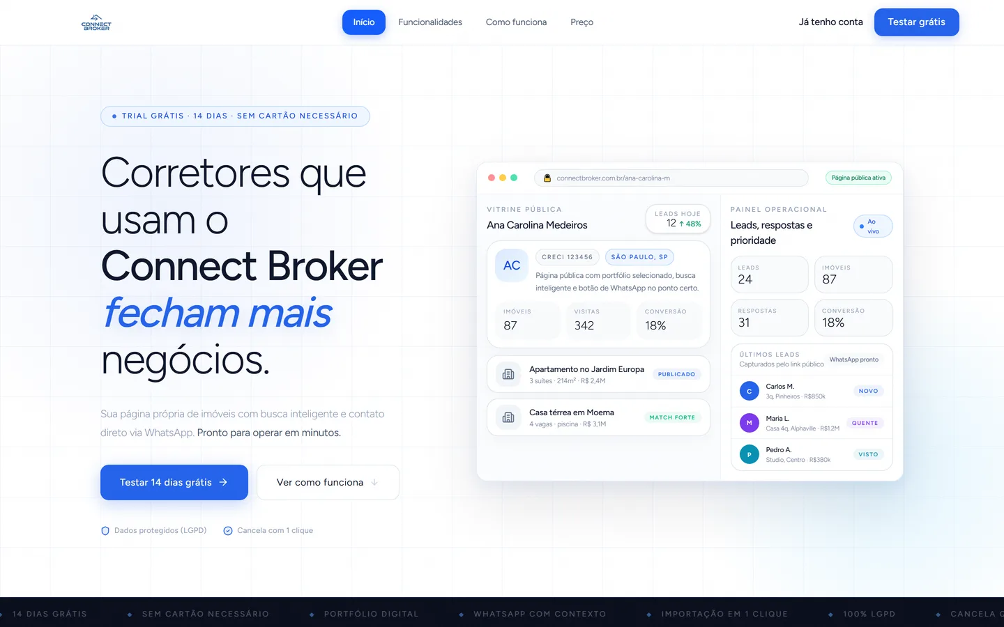 Tela do produto Connect Broker: hero e painel de leads
